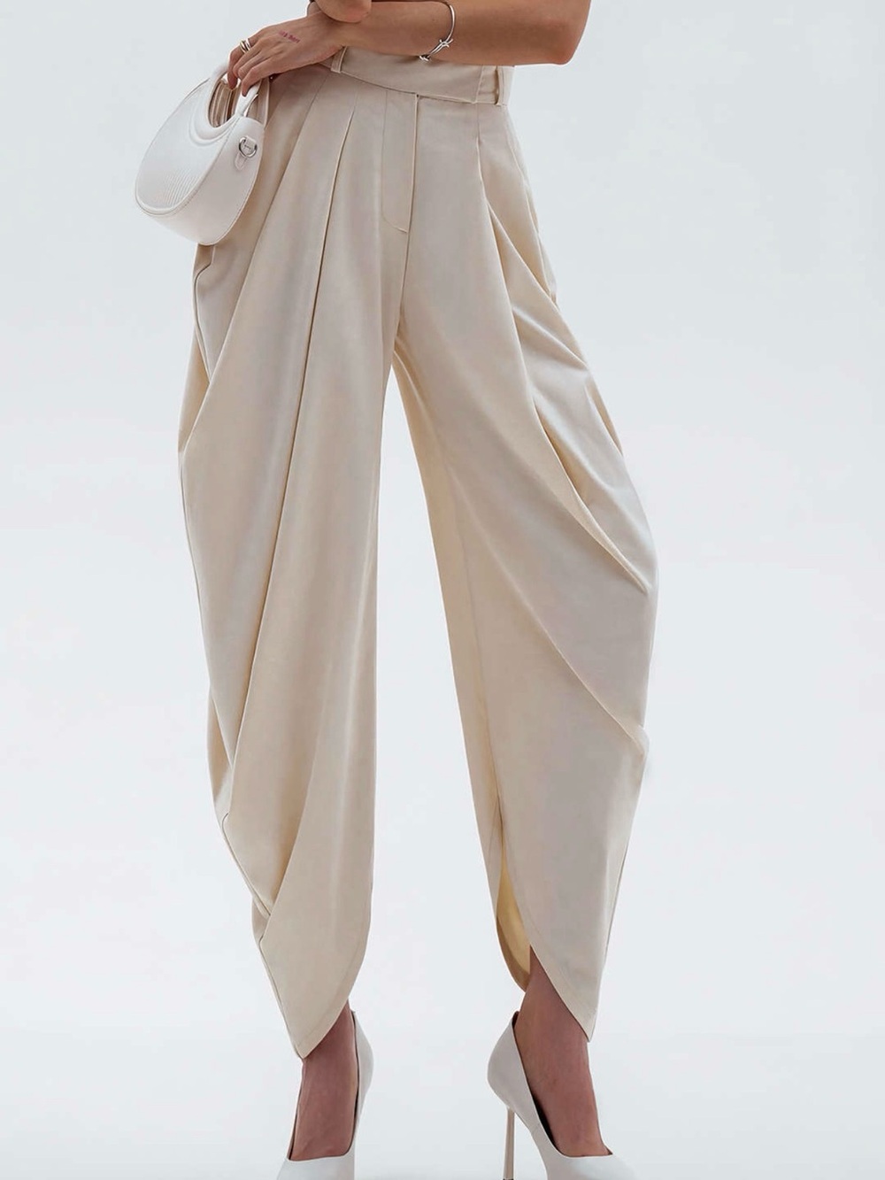 MICAS Elegant Draped Cream Wide-Leg Pants